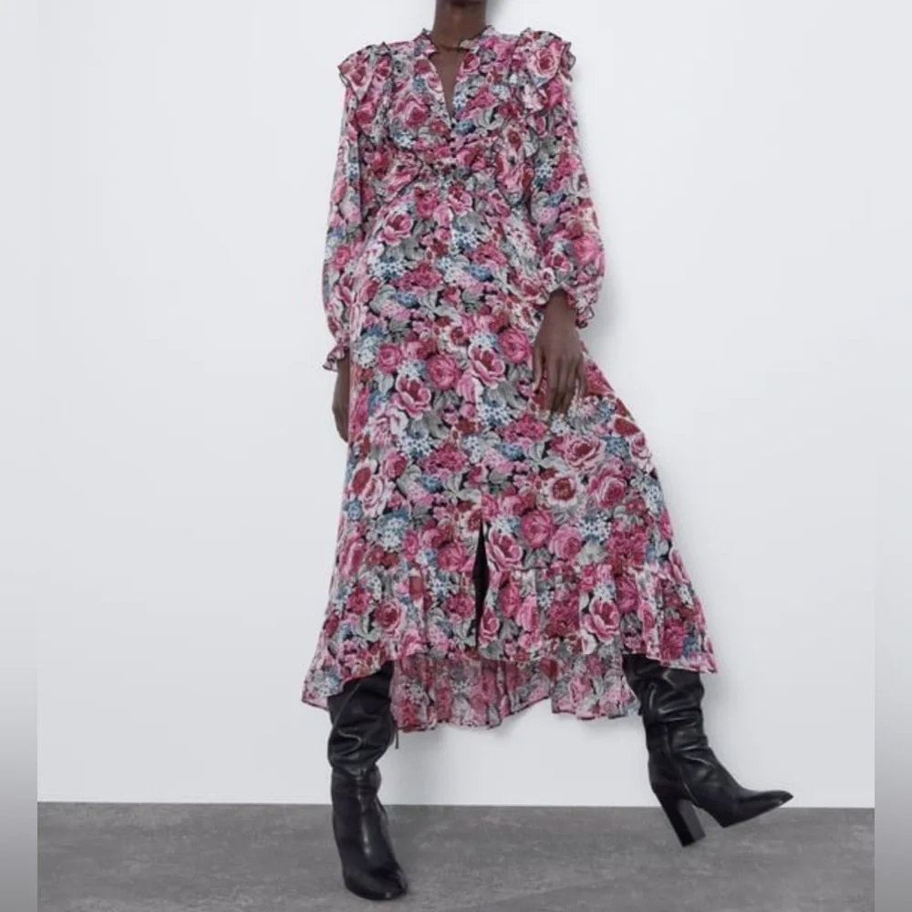 Zara Women’s Floral long sleeve Long Lined Dress Size M - Picture 4 of 16